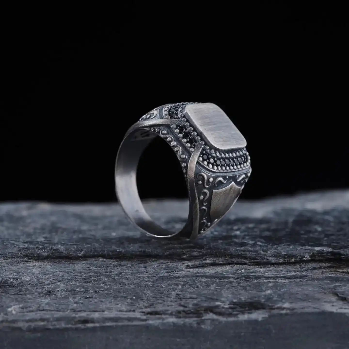 Silver Men's Ring with Black Zircon Stone and Shield Motif Name, Letter Can Be Added Handmade 925 Sterling Silver Ring