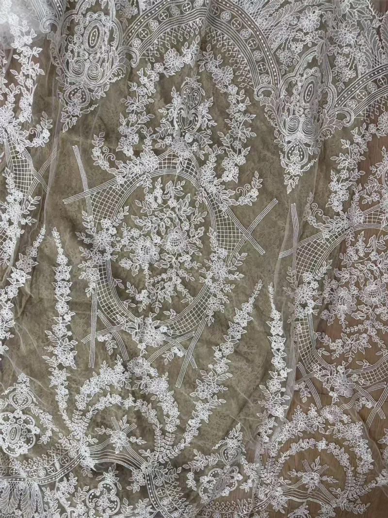 Unique Off White Mesh Embroidery Floral High Quality Bridal Lace Fabric DIY Sewing Accessories Fabric Clothes