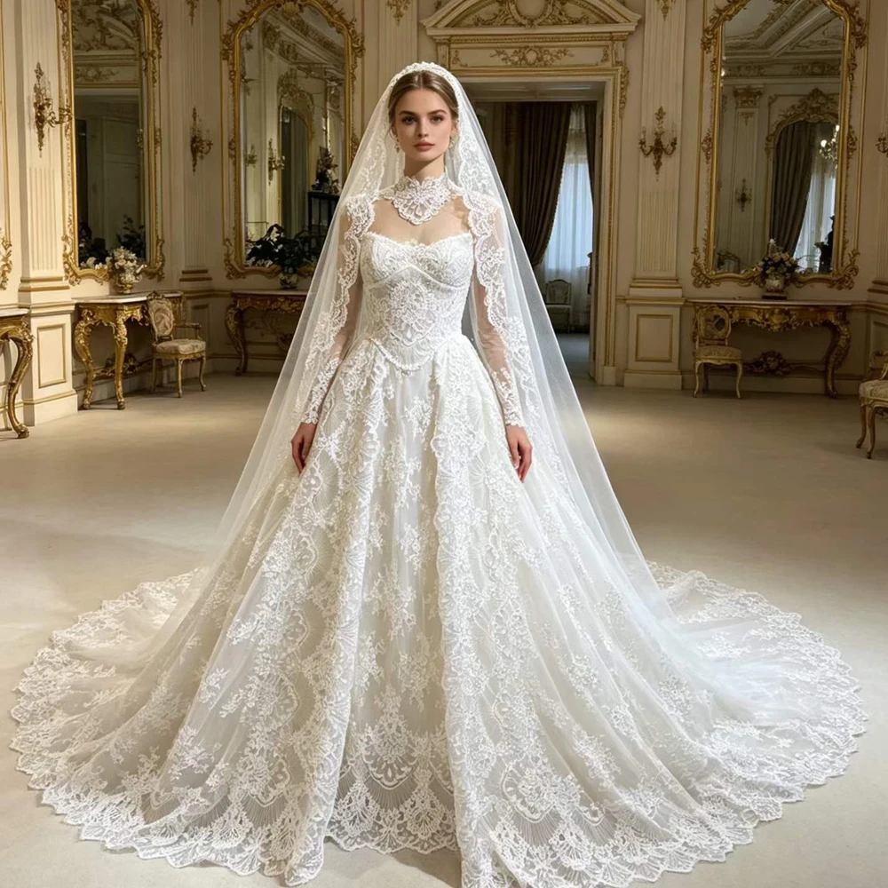 

3 Wear Lace Wedding Dresses 2 In 1 High Neck Long Sleeves A Line Vestido Novia Bridal Gown