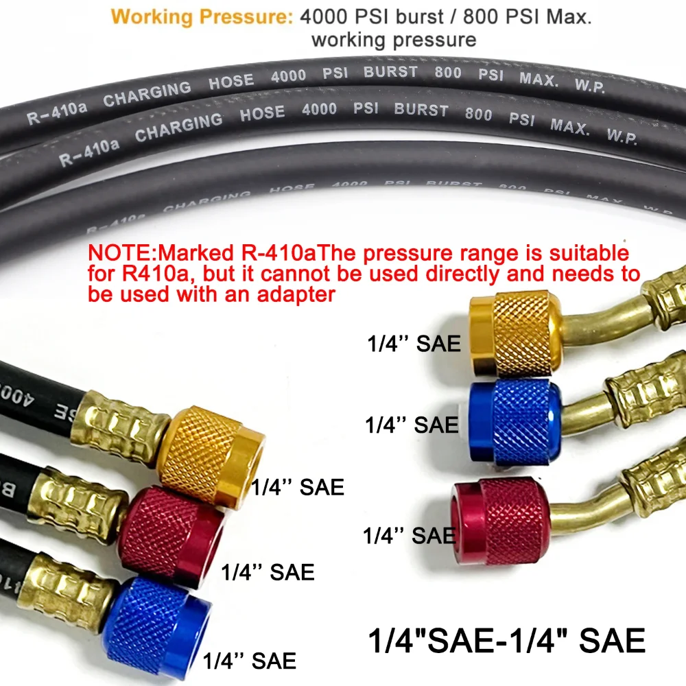 R410A AC Refrigerant Charging Hoses HVAC 800-4000PSI Working Pressure for R410A R134a R32 Air Condition System Maintenance