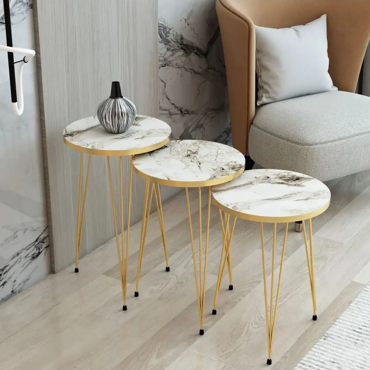 Modern Marble Nesting Tables Set of 3 Metal Gold Leg Service Tables 3Pcs Round Coffee Tables for Living Room Bedroom Furniture