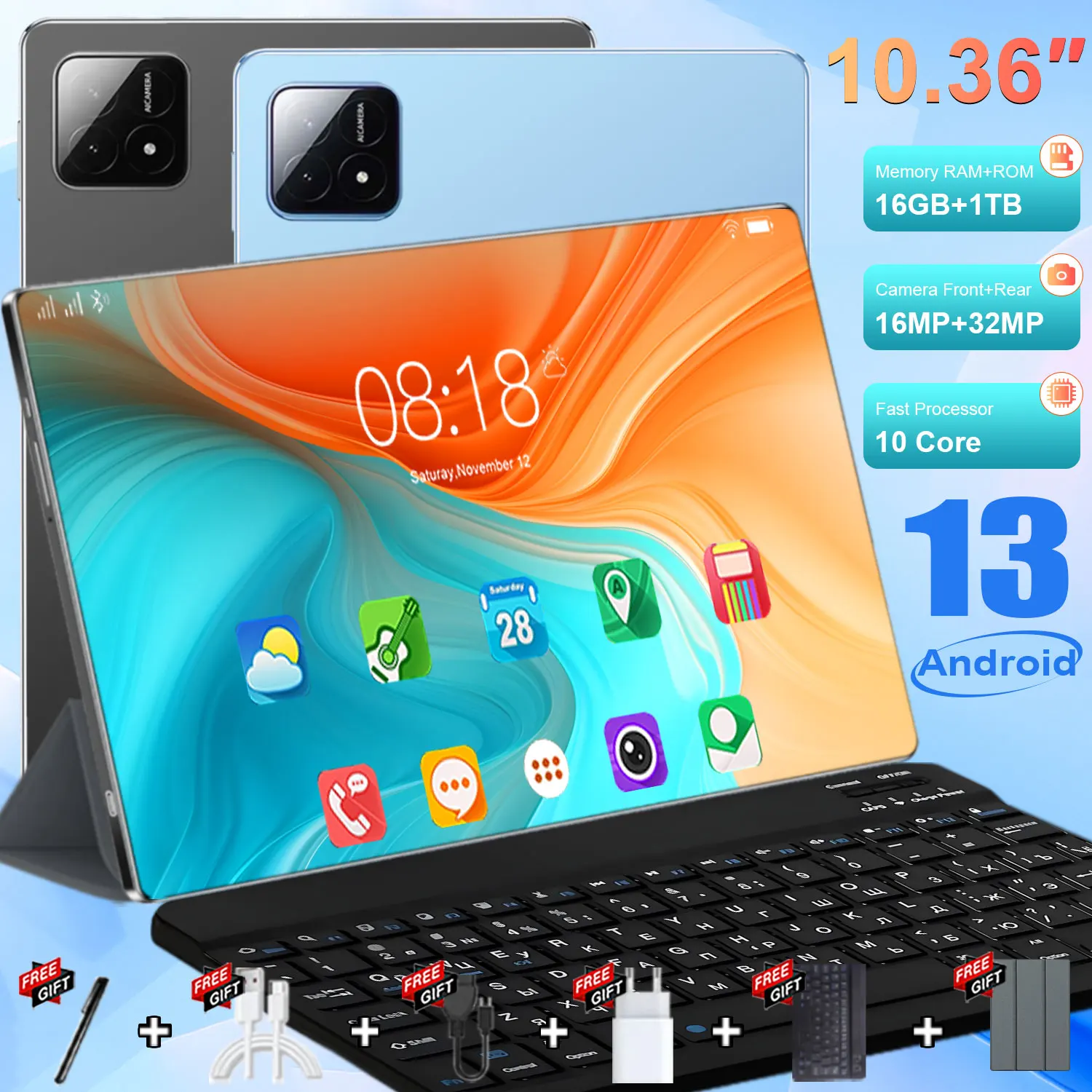 Nouvelle Tablette Originale Version Globale 2026 10,36 pouces HD 5K Android 13 16 Go+1 To 16MP+32MP 20000 mAh 5G Double SIM WiFi GPS