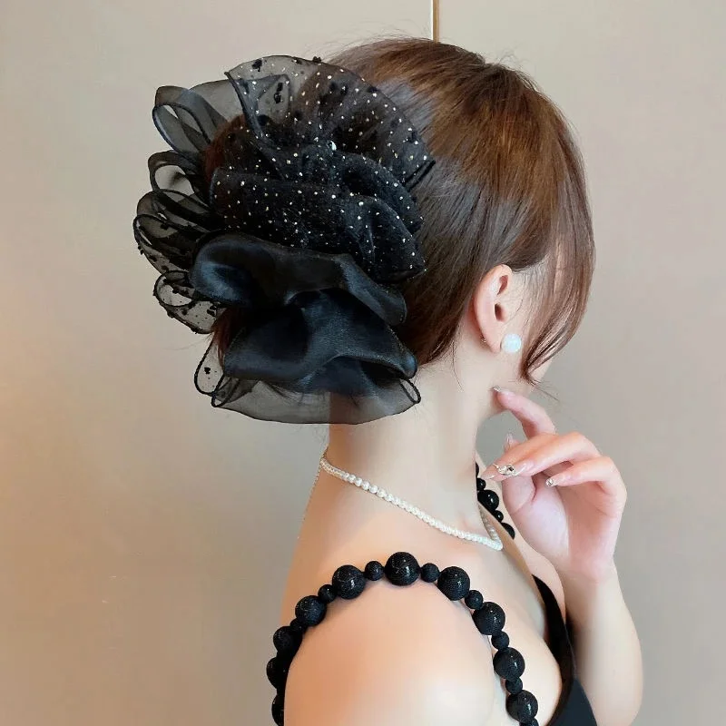 Klips rekina Akcesoria do włosów dla kobiet Duże eleganckie kropki Czarne dwustronne siateczkowe kokardki Dziewczęce spinki do włosów Bubble Crab Clip Barrettes — zdjęcie 2