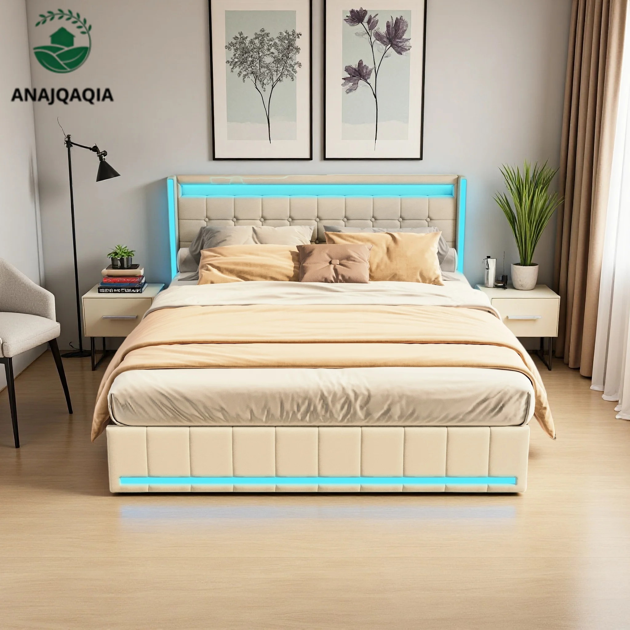 Lit rembourré Anajqaqia avec lumières LED, 4 tiroirs et port de charge USB, lit double 140x200cm/160x200cm avec sommier à lattes