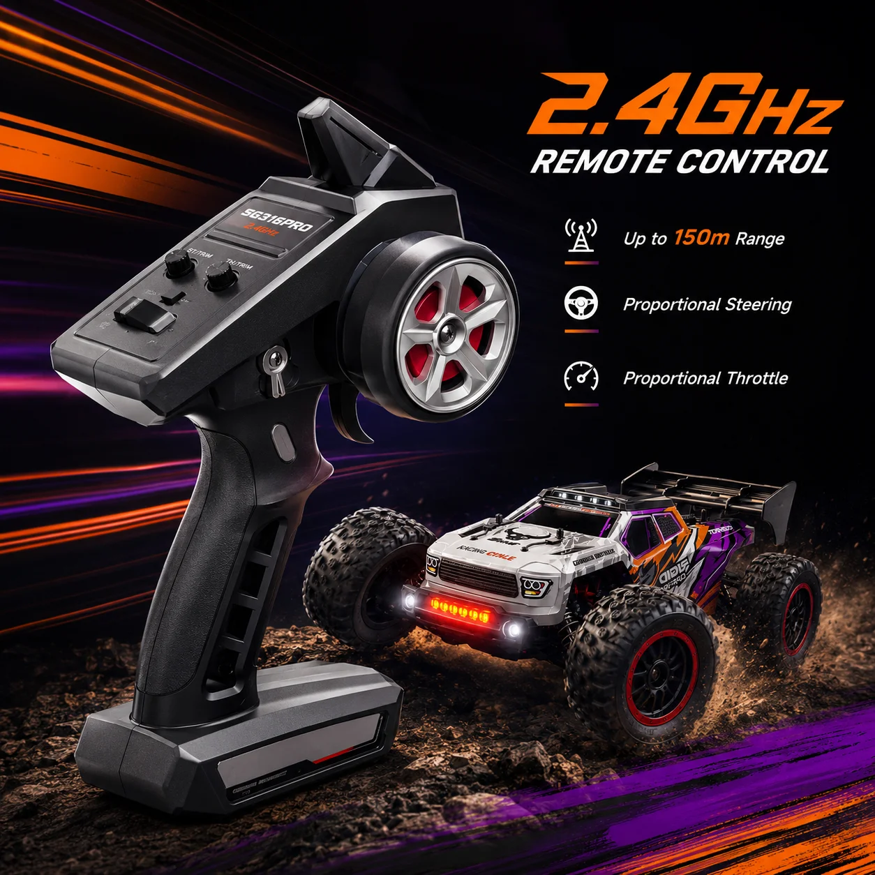 4WD Carbon Brush Off-Road RC Car 40KM/H Metal Drive Shaft Independent Spring Shock Absorber LED Headlight 2.4G Proportional Remote All Terrain Hobby Vehicle