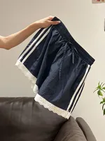 Korean Style Lace Trim Patchwork Shorts Women's Summer New Design Color Block Elastic Waist Wide Leg Cute Beach Pants Girl