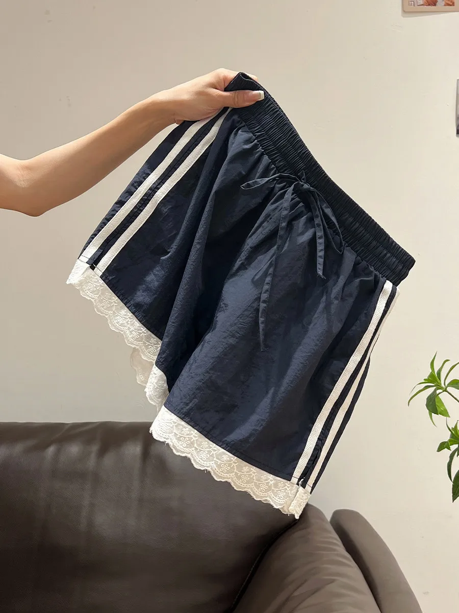Korean Style Lace Trim Patchwork Shorts Women's Summer New Design Color Block Elastic Waist Wide Leg Cute Beach Pants Girl