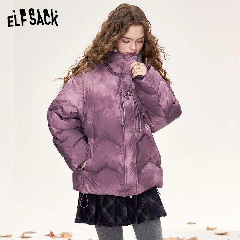 ELFSACK 2024 Winter New Arrivals Retro gradient purple frog design short down jacket for women