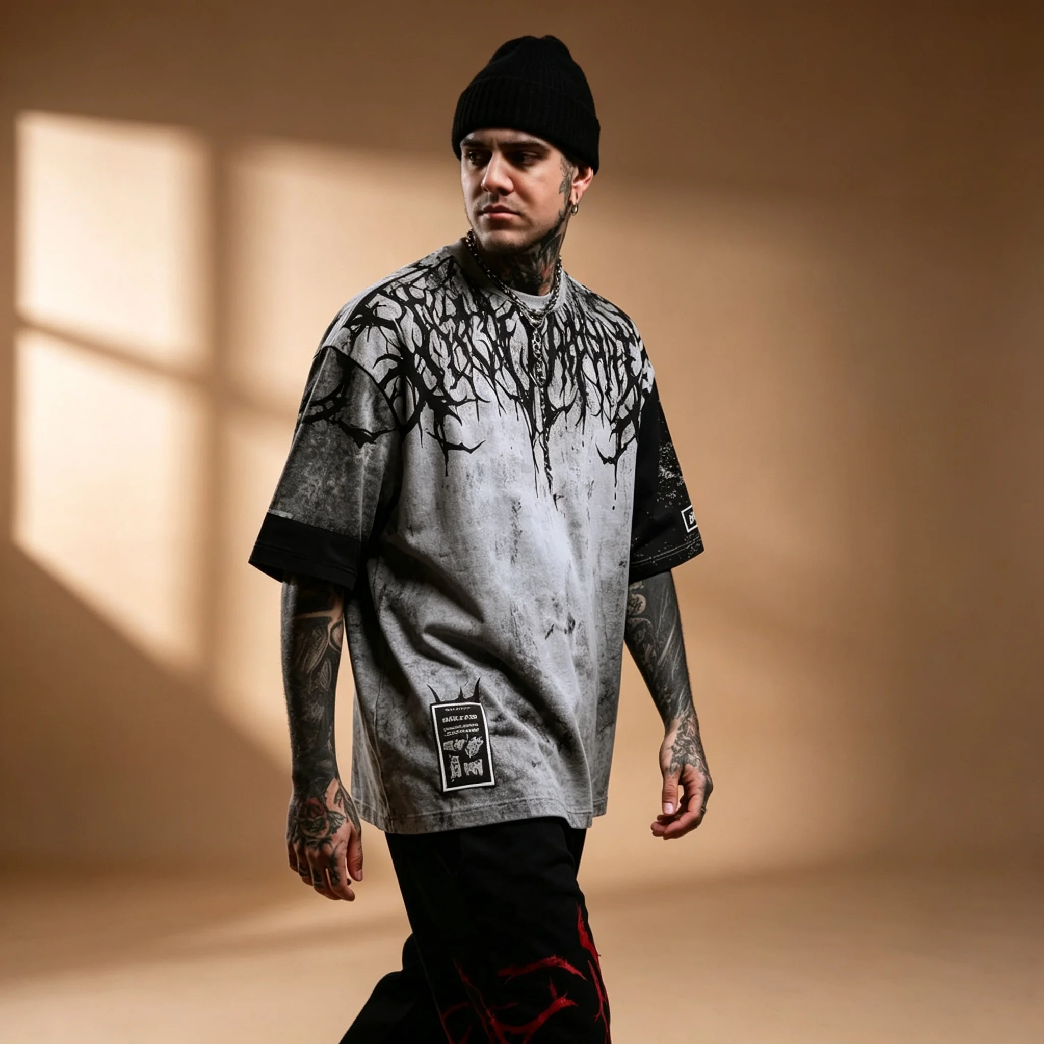 Herren Vintage Washed Distressed T-Shirt mit Dornen-Gothic-Print, Oversized, locker geschnitten, Kurzarm, Streetwear, Punk-Tee-Top – Detail 6