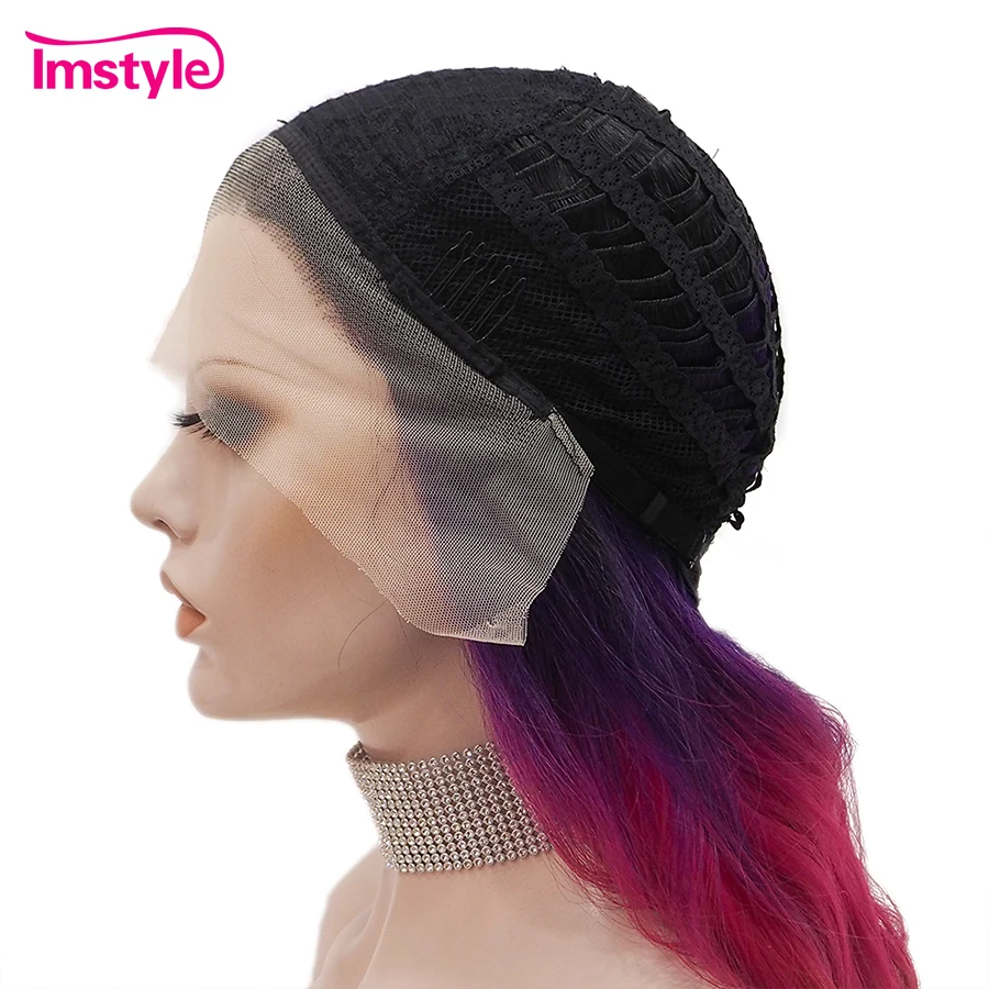 Imstyle-peluca sintética con malla frontal para mujer, cabellera larga ondulada de fibra resistente al calor, Multicolor, color morado, para fiesta