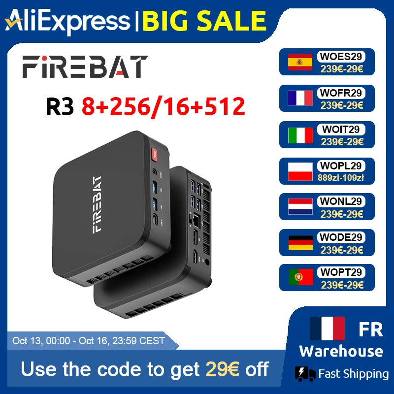 FIREBAT R3 Mini-PC AMD Ryzen 3 4300U 8GB/16GB LPDDR4 RAM 256GB/512GB SSD M.2 SATA Windows11 Pro Desktop-Computer WiFi6 BT5.2