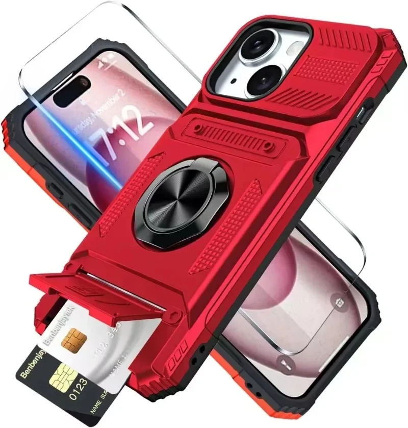 Wysokiej jakości wojskowe etui na iPhone'a 11 13 14 15 16 Pro Max Magnetic Rotated Ring Kickstand Heavy Duty Drop Protection Wallet Cover — zdjęcie 2