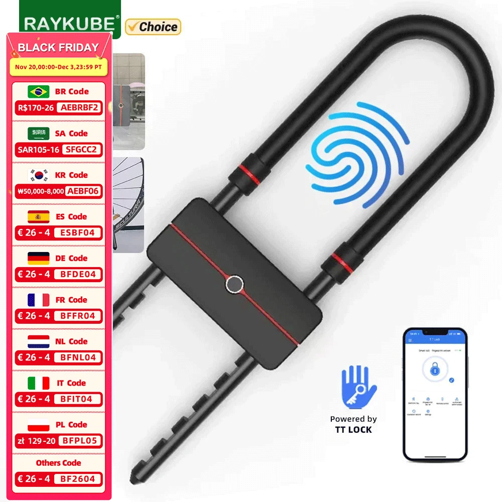 RAYKUBE Waterproof TT Lock APP Control U-Shape Electronic Bicycle Lock Smart fingerprint U-Lock with TT Lock BLE Passcode Unlock