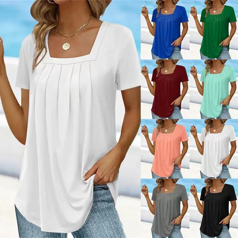 Elegant Women\'s Tops Summer Solid Square Neck Pleated Short Sleeves Casual Basic Regular Pullover Tops Female Simple Streetwear