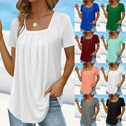 Elegant Women's Tops Summer Solid Square Neck Pleated Short Sleeves Casual Basic Regular Pullover Tops Female Simple Streetwear