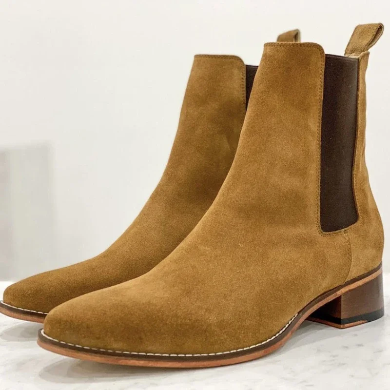 3/4cm buty męskie na średnim obcasie Chelsea al Classic kwadratowe opaska na głowę męskie buty ręcznie robione krowa aksamitne pomarańczowe buty moda biznes Casuals — zdjęcie 2