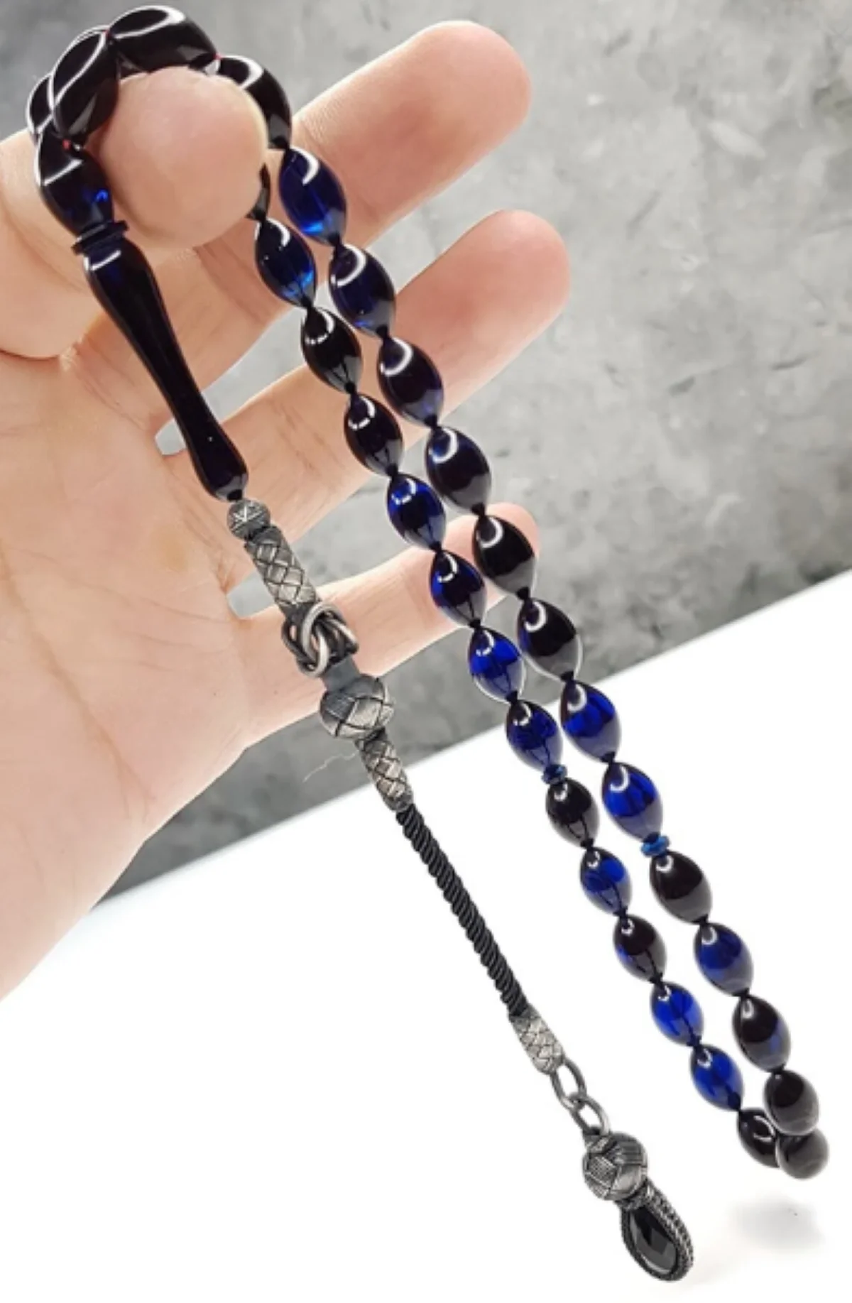 

1000 Carat Silver Kazaz Fire Amber Blue Black Moire Rosary Decorated Grain Dimensions 7*11mm