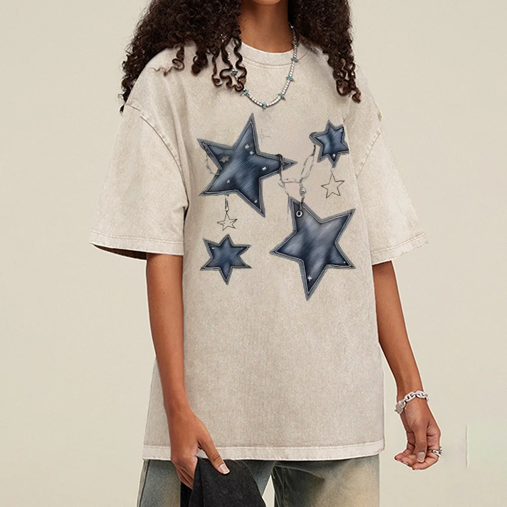 

Футболки с графическим принтом синей звезды, летние дышащие мягкие женские потертые футболки, повседневная футболка с коротким рукавом и круглым вырезом Y2k, уличный топ