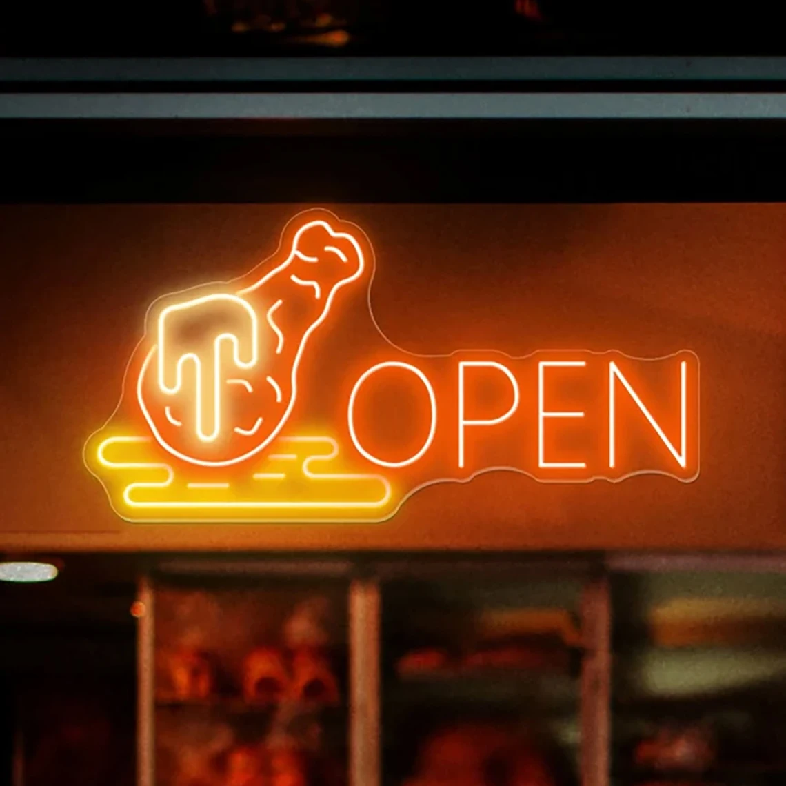 Open Neon Sign Chicken Restaurant Shop Open Neon Decor Open Sign Fast Food Art Neon Sign Business Neon