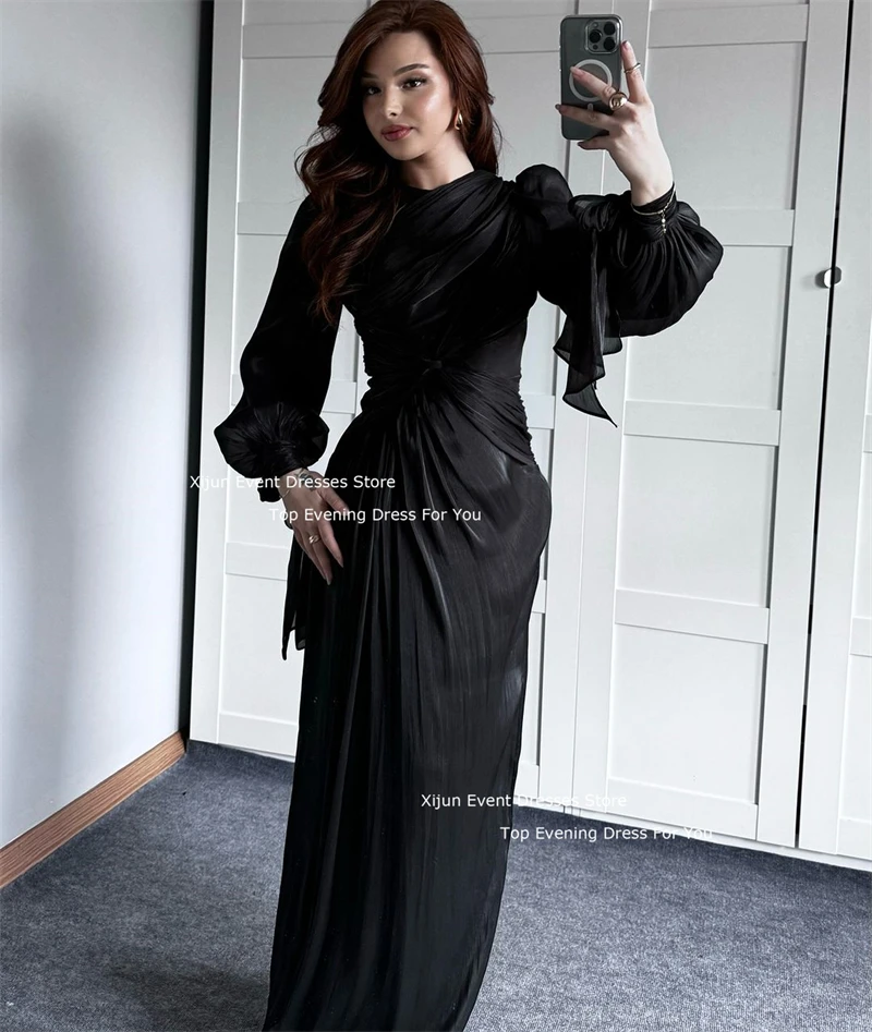 Xijun Modest Black Evening Dresses Mermaid Full Sleeves Formal Prom Dresses O-Neck Moroccan Kaftan Dubai Prom Gowns Floor Length