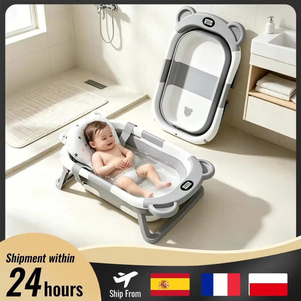 Foldable Baby Bathtub with Temperature Sensor & Non-Slip Bath Mat Cushion Support Portable Newborn Shower Tub for 0-36 Months Travel Bath Pool