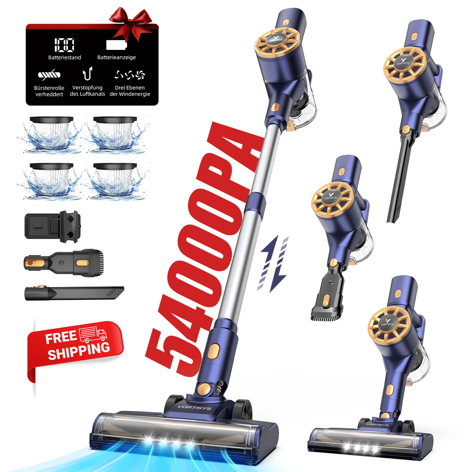 Aspirateur sans fil 54KPA/50MIN, aspirateur balai 6 en 1 avec affichage LED, poteau extensible et Anti-emmêlement, idéal pour F