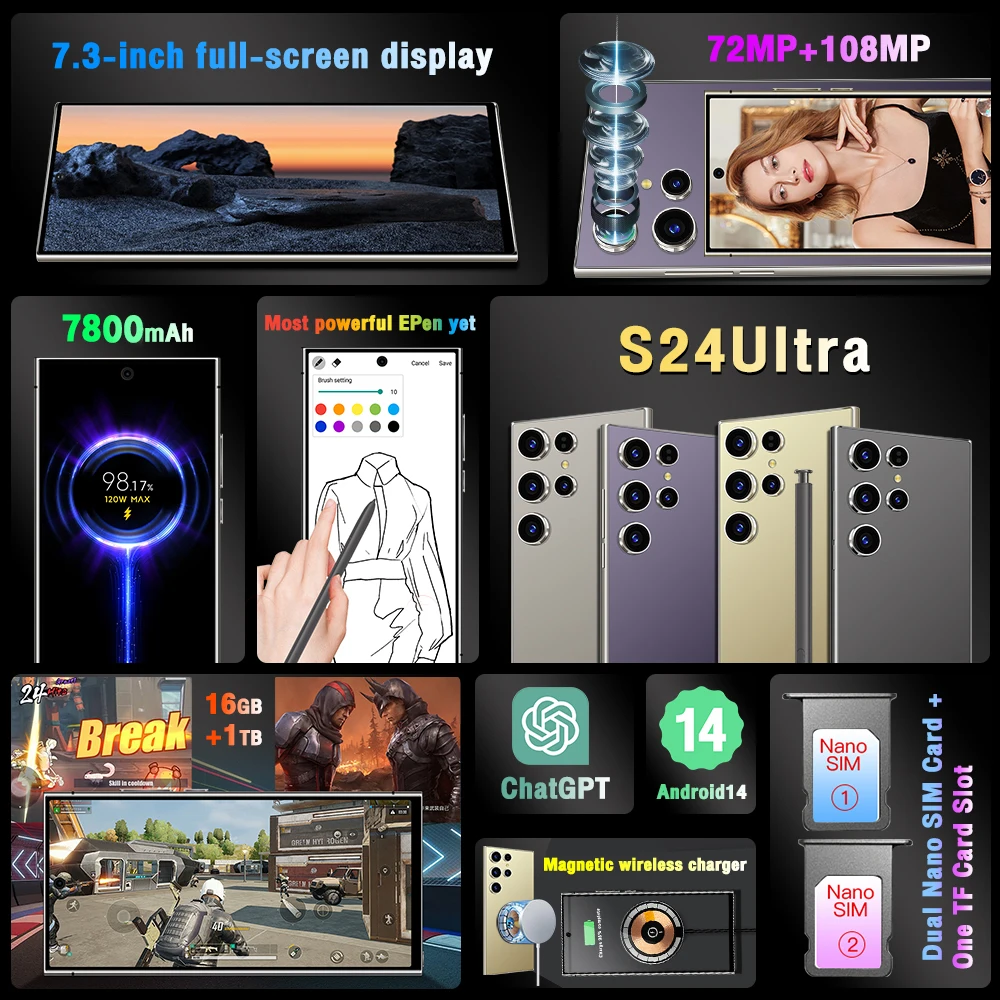 S25 S24 Ultra New smartphone 5G 7.3'' high-definition Android 14 Snapdragon 8gen3 10core dual SIM phone 7800mAh unlocking phone