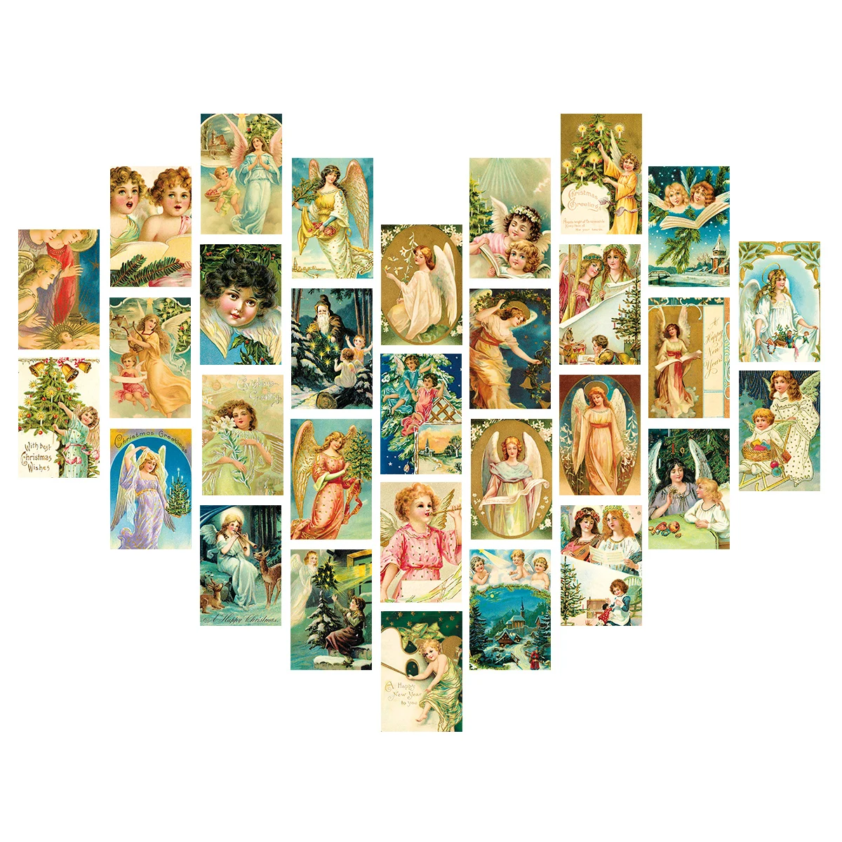 30 Stück Vintage-Engel-Weihnachtswandkarten mit Aufklebern, Dekor mit Schneeszenen, festlicher Gruß, Wandkunst für Weihnachtsbaum, Geschenk und Party
