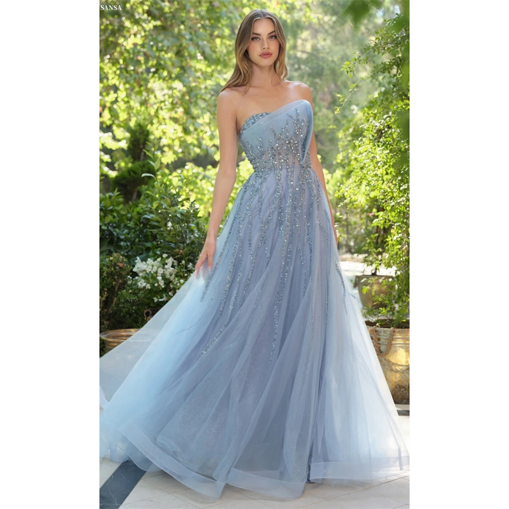 Sansa Customized Shiny Sequins A-line Baby Blue Strapless Prom Dresses Sleeveless Vestidos De Noche Floor-Length Formal Evening