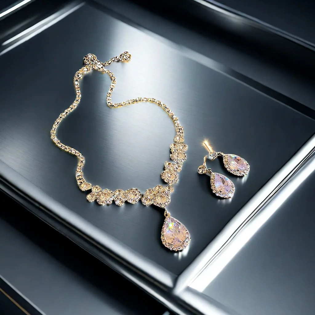 

Luxury Baroque Style Bridal Wedding Jewelry, Women's Water Drop Diamond Necklace Earring Set, Holiday Gifts Jewelry
