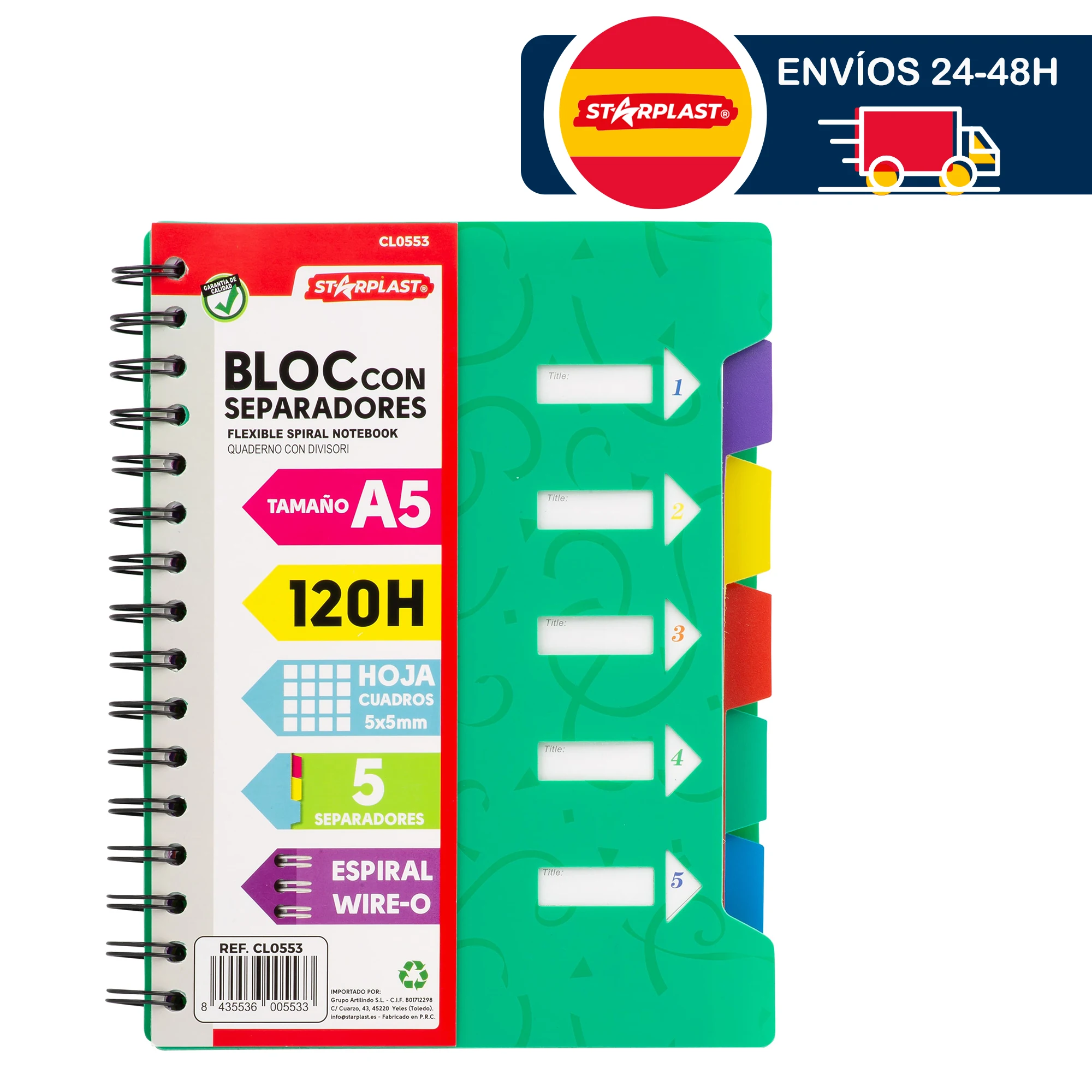 Notebook 120 sheet pad A5 + spacers-grid 5x5, metal spiral, plastic lid, 4 colors.