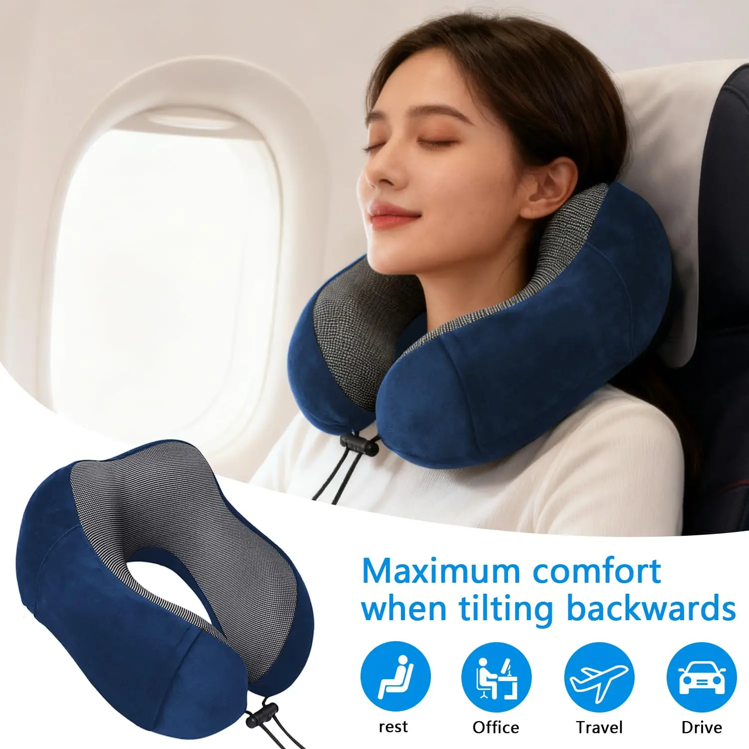 Oreiller de voyage ergonomique en mousse à mémoire de forme, avec cordon de serrage réglable et poche latérale, housse lavable, idéal pour l'avion, la voiture et le bureau, plusieurs couleurs disponibles