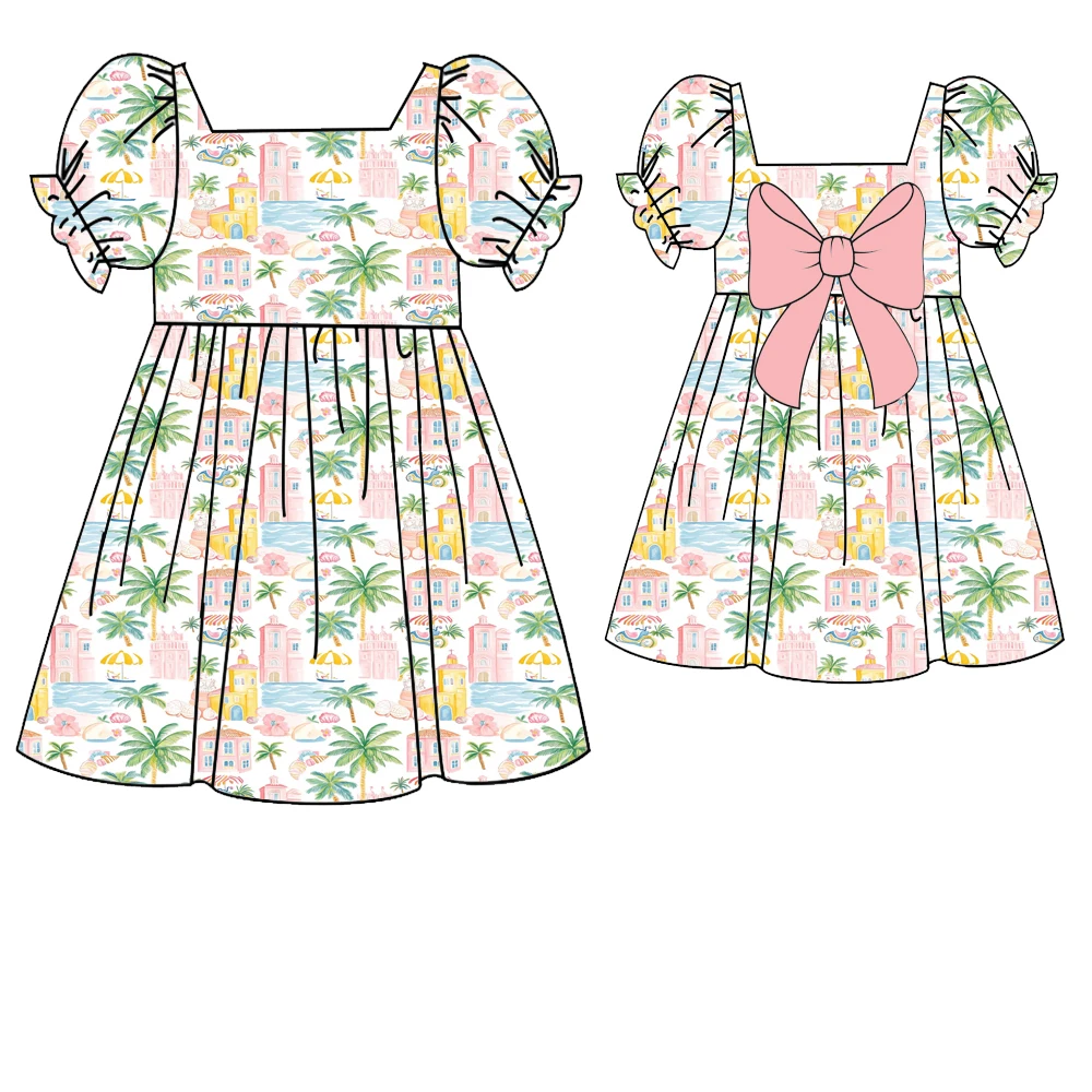 Boutique Girls dress Girl's puff-sleeved dress with bow decoration flower popsicles print Casual everyday Wear kids custom