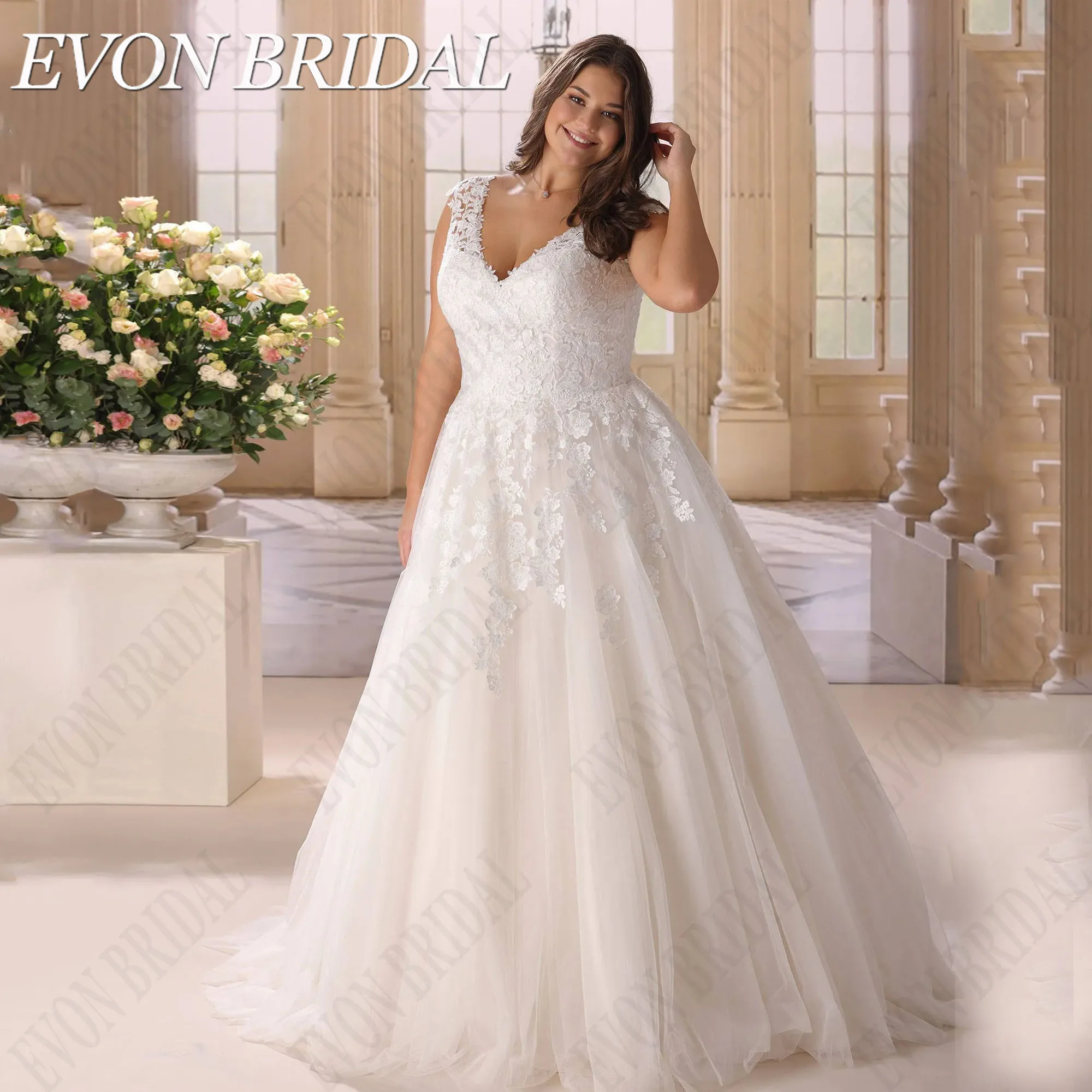 

EVON BRIDAL Oversize Wedding Dress Cap Sleeves V Neck Vestidos De Novia Sleeves Applique Elegant Bride Gowns custom tailor