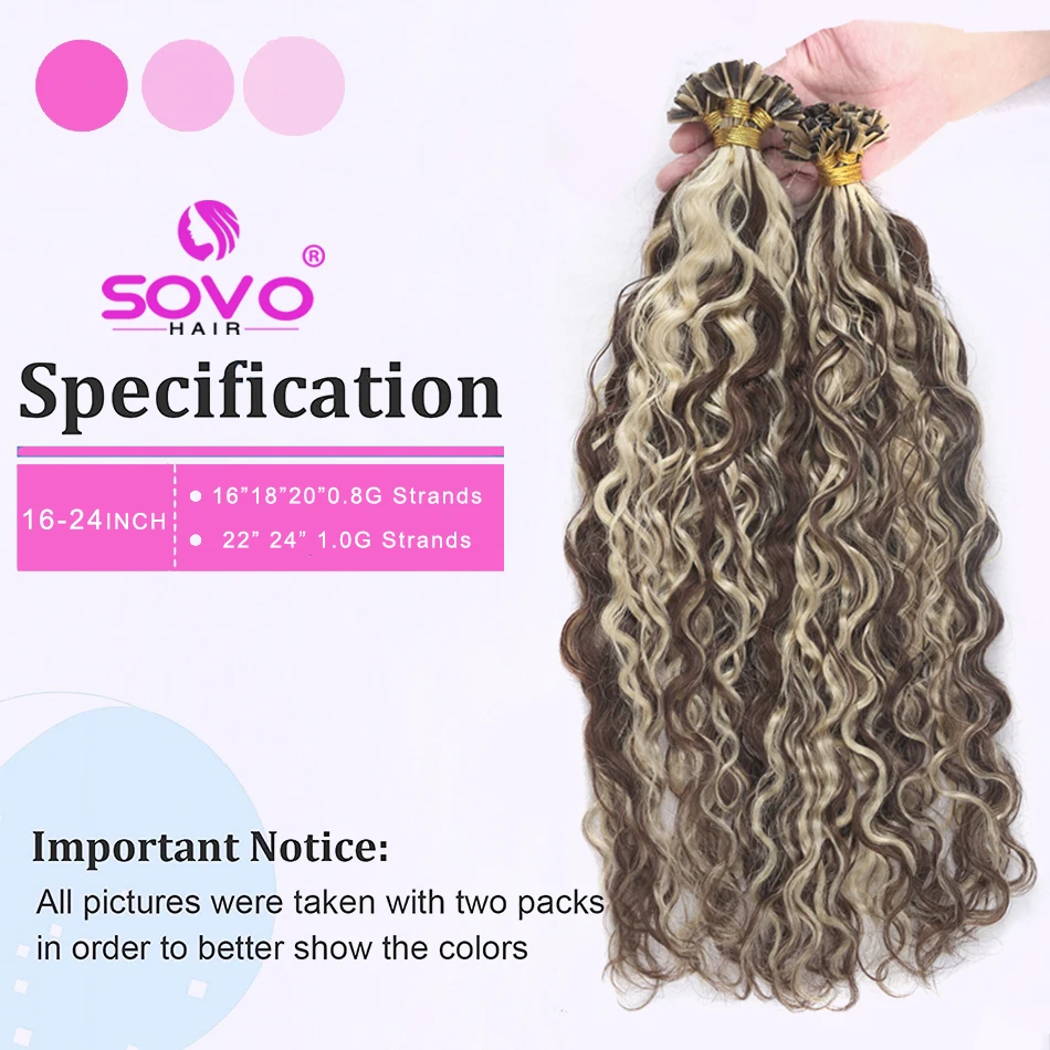 SOVO V Tip Hair Extensions Water Wave Hot Fusion Vtip Ombre Medium Brown Mixed Natural Blonde Remy Human Hair Balayage P4/613#