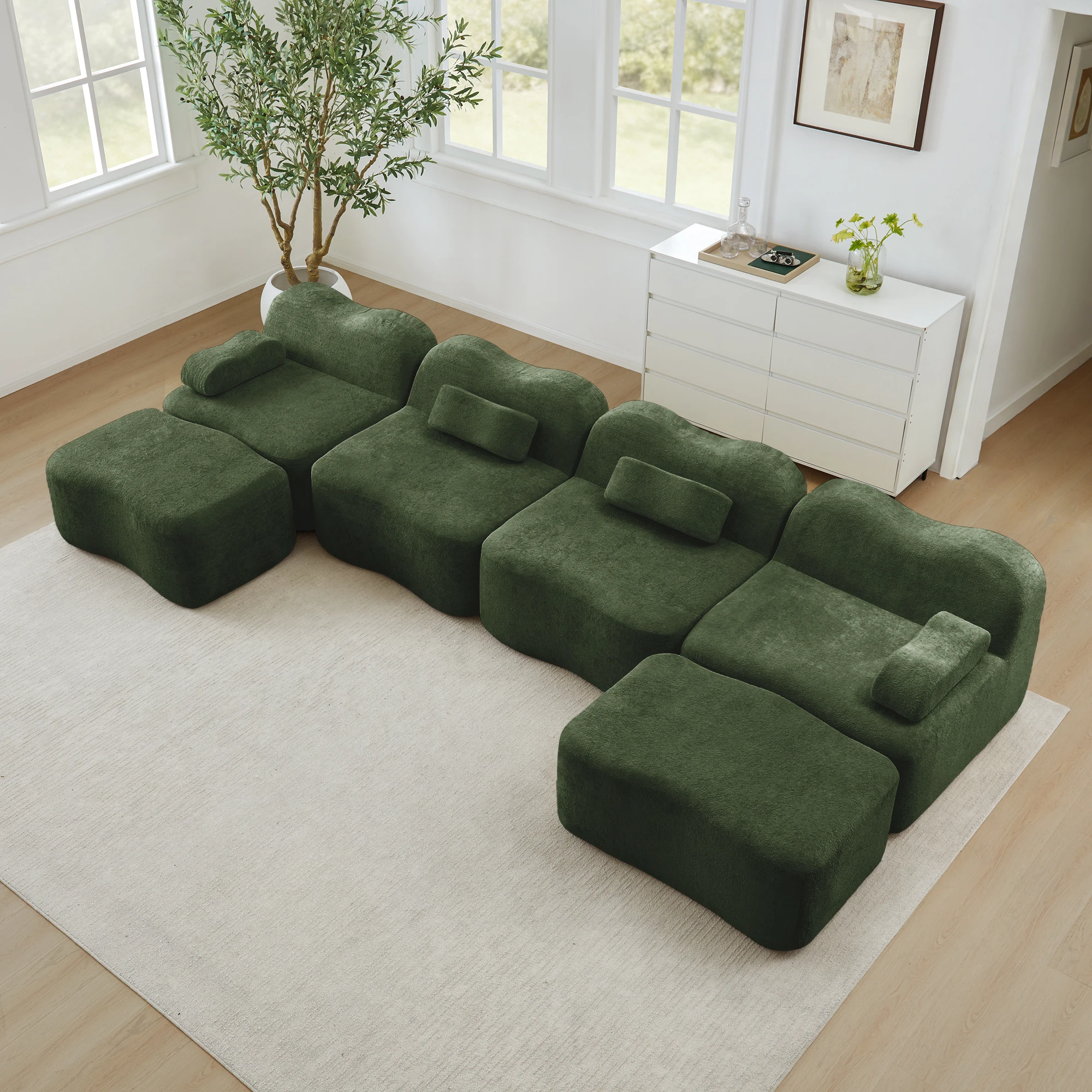 U-förmiges modulares 4-Sitzer Sofa mit 2 Ottomane, verstellbaren Armlehnenkissen, weichem Samtstoff, 32D Hochdichtschaum, Wellenform – ideal für Wohnzimmer & Apartments, Green