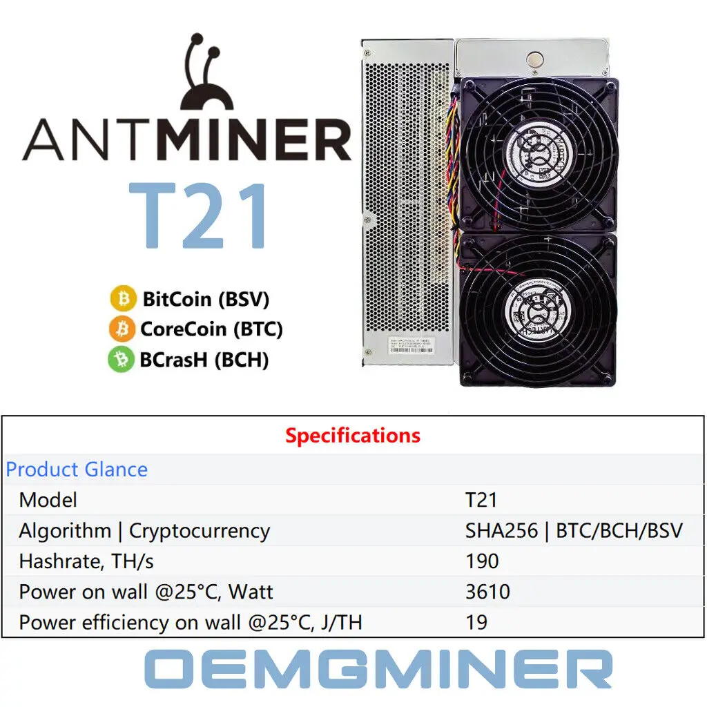 

Лучший Продавец BA 1, Bitmain Antminer T21 190TH/s 3610 Вт со стандартным алгоритмом, мощный криптомайнер для биткоинов