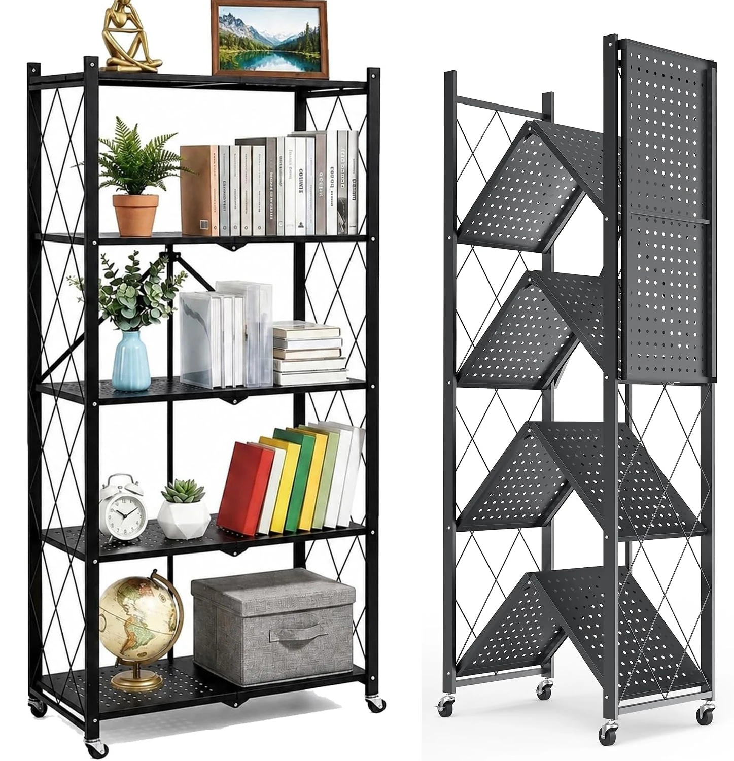 Foldable Rolling Storage Cart,Collapsible Metal Shelf on Wheels, Space Saving Utility Organizer Rack, Mobile Display Stand for Kitchen, Bathroom, Bedroom, Office and Pantry Storage