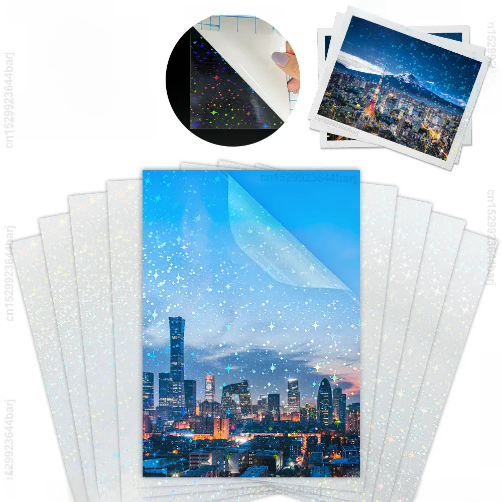 10 arkuszy A4 samoprzylepna folia do laminowania na zimno wodoodporna przezroczysta błyszcząca gwiazdki kropki DIY pakiet karta zdjęcie folia holograficzna — zdjęcie produktu 7