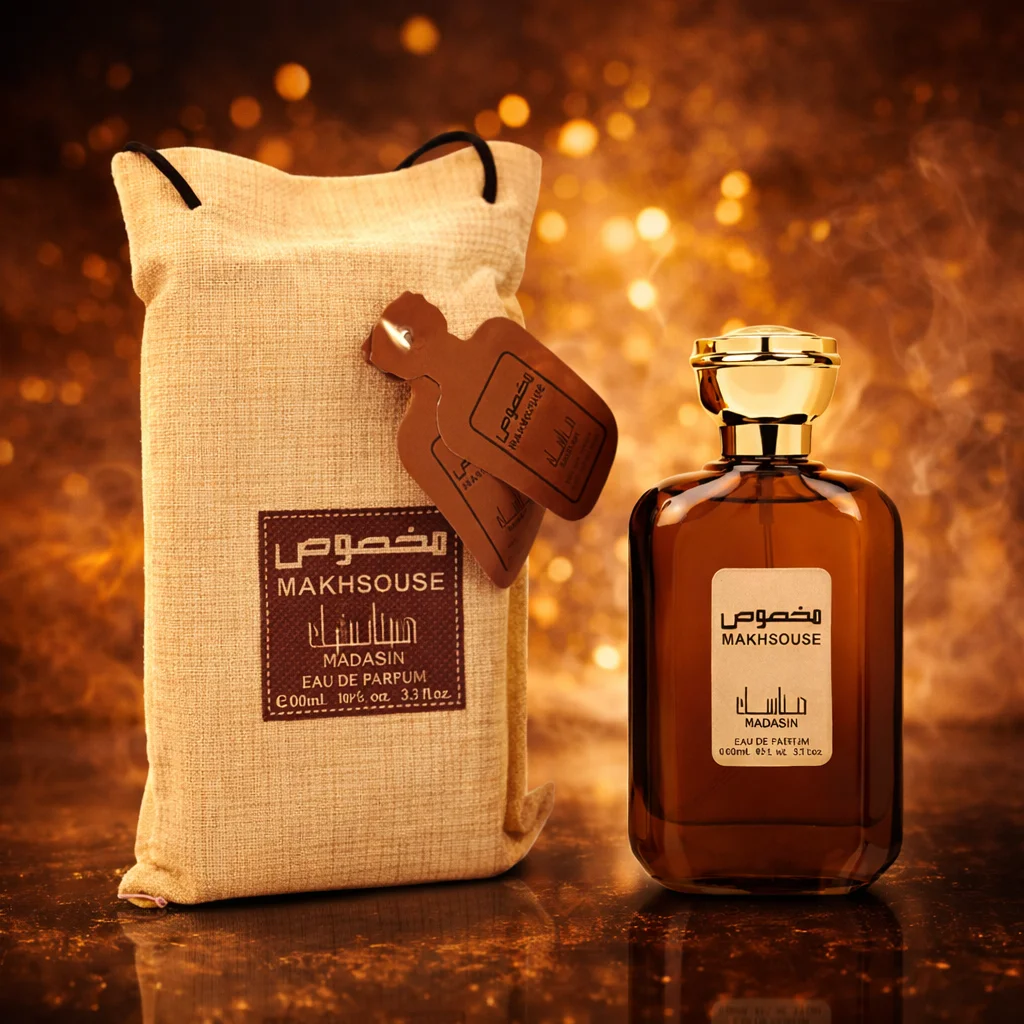 Parfum Makhsouse 100 ml - Manasik. Parfum oriental chaleureux et intense avec des notes boisées, des touches épicées et une base résineuse sophistiquée.