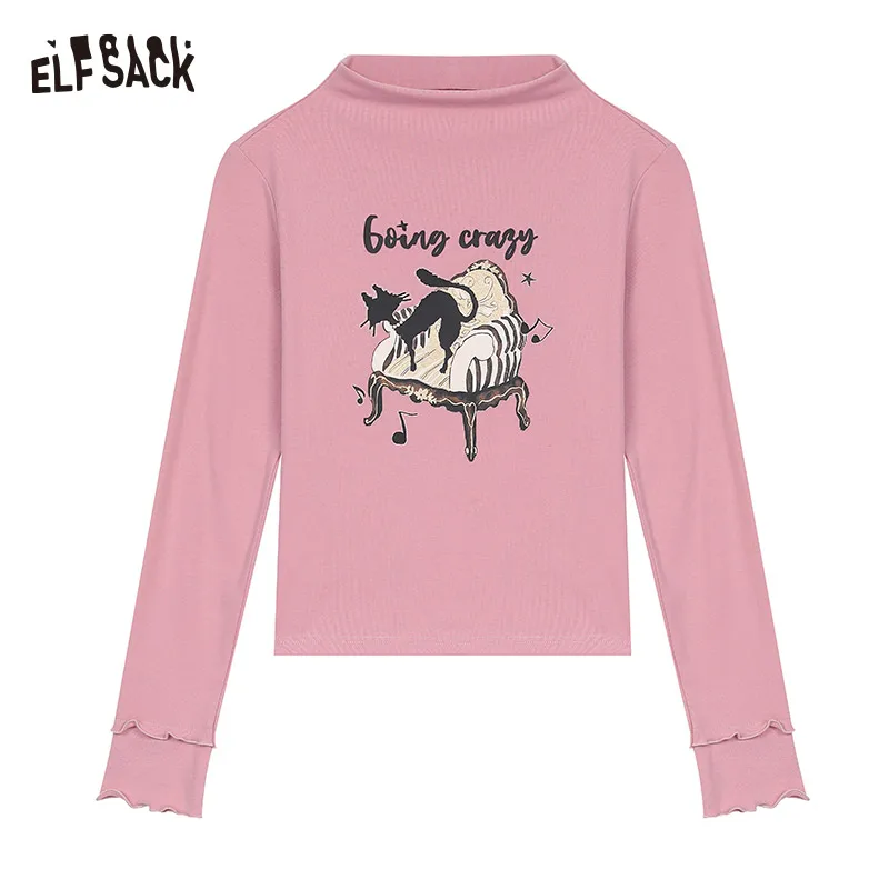 ELFSACK 2024 Winter New Arrivals Half turtleneck long sleeve T-shirt Original cat print bottoming shirt