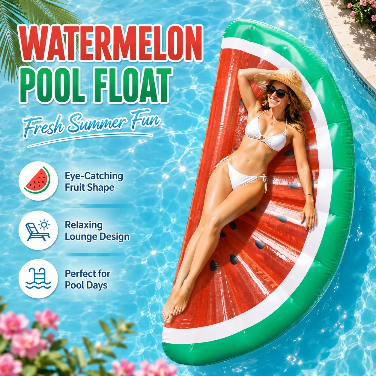 1 Stück Aufblasbare Wassermelonen-Poolliege mit Kopfstütze, Riesige Pool-Lounge-Floß, Robuste PVC-Sommer-Schwimmliege für Erwachsene