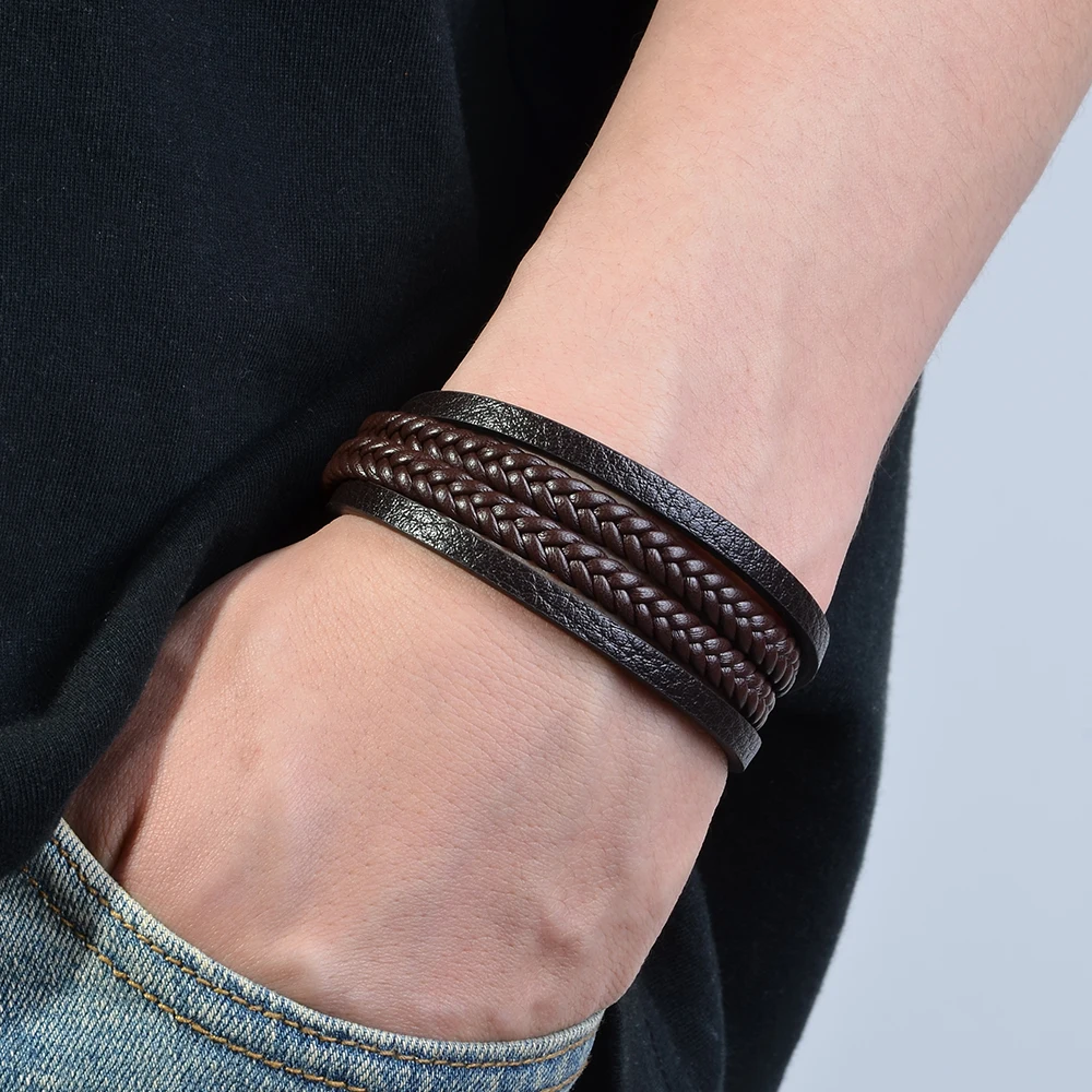 1pc Men Fashion Leather Bracelet Stainless Steel Multi-layered Braided Rope Bracelet Jewelry