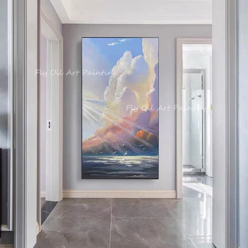 100% Hand Painted Thick Landscape Ocean Sea White Cloud Sunlight Big Size Modern Oil Painting On Canvas home decoration