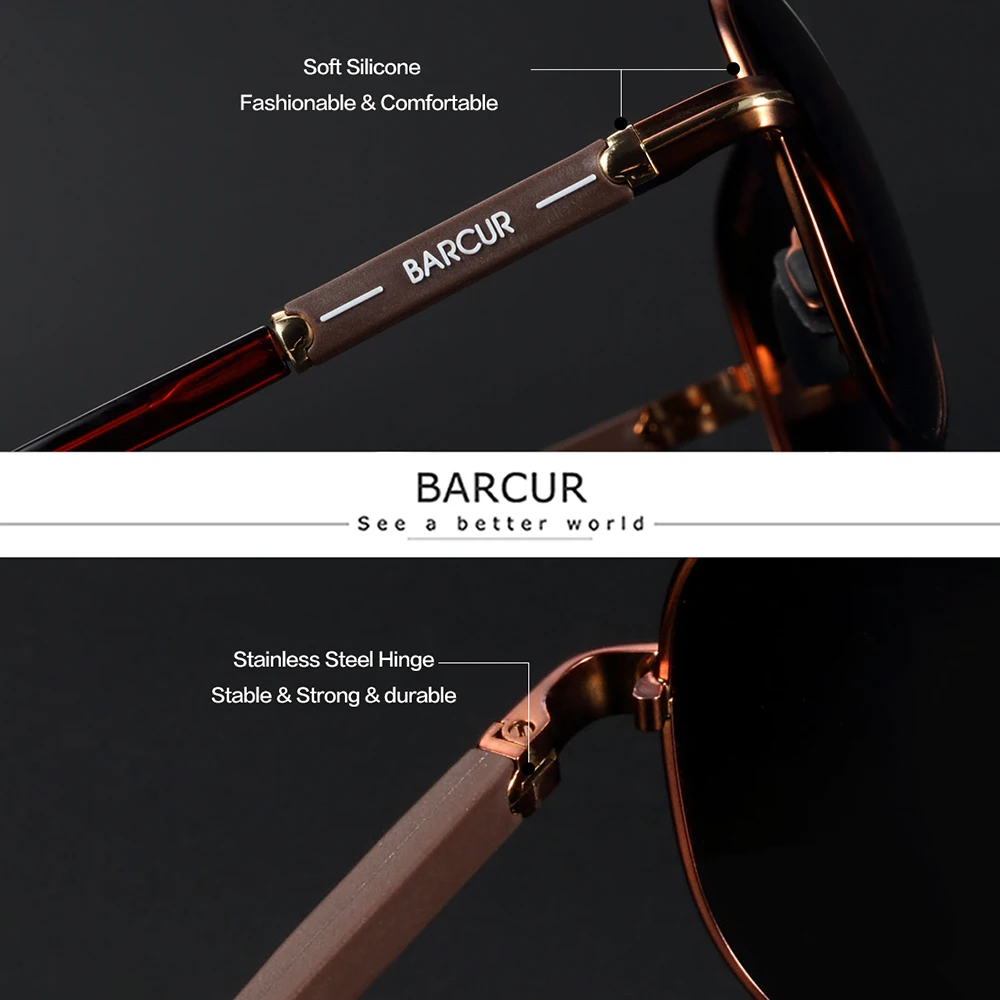 BARCUR Original Brand Fashion Sunglasses Men Polarized Comfortable Pilot Women Sun Glasses for Man Eyewear Oculos Gafas De Sol