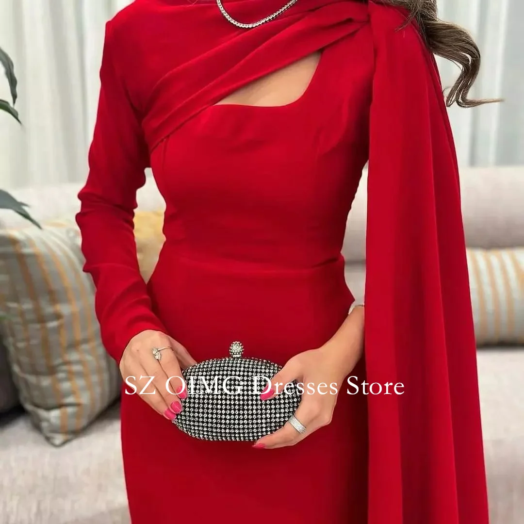 OIMG Dubai Mordern A-Line Prom Dresses Cape Sleeves Crepe Satin Red Evening Dress Women Evening Gowns Formal Slit Party Dress