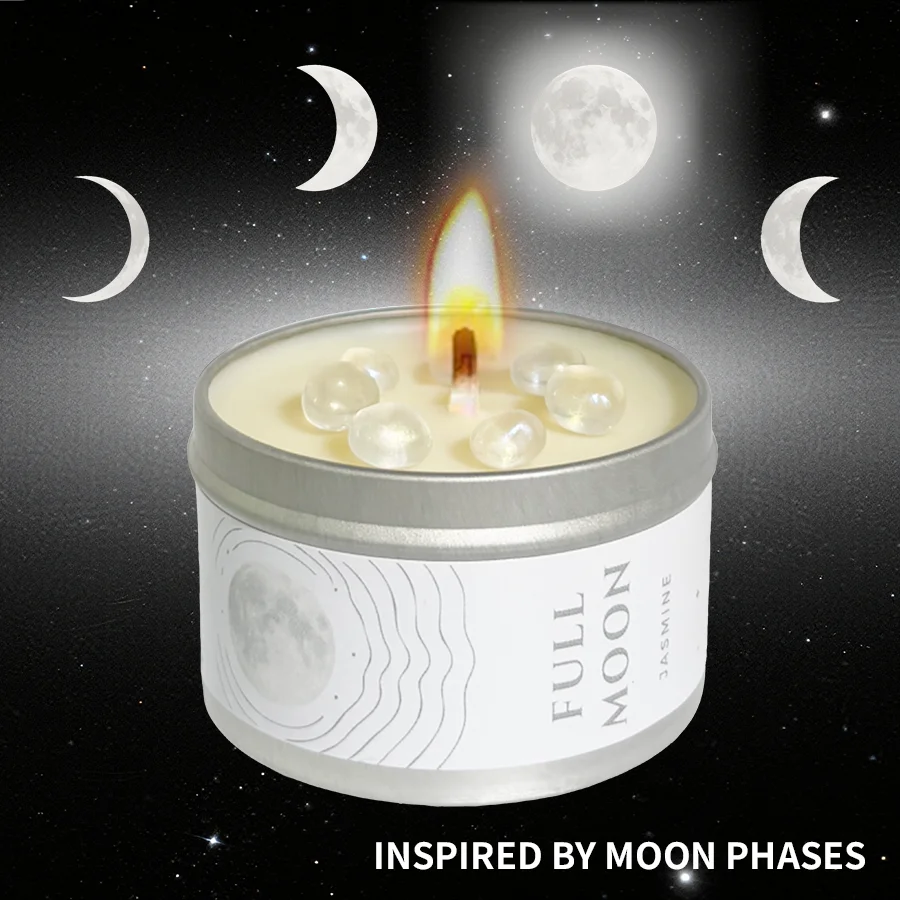 شمعة احتفال القمر بالكامل شمع الصويا شمعة معطرة من القصدير الذهبي مع رقائق كريستال صفراء يدوية له هدية الكريسماس #2