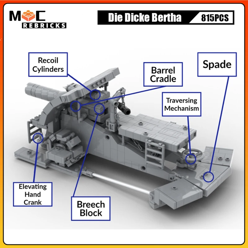 WW1 niemiecki wojskowy m-gerät Die Dicke Bertha haulitzer MOC klocki do budowy zestaw modeli moździerz przewoźnik cegły zabawki dla dzieci