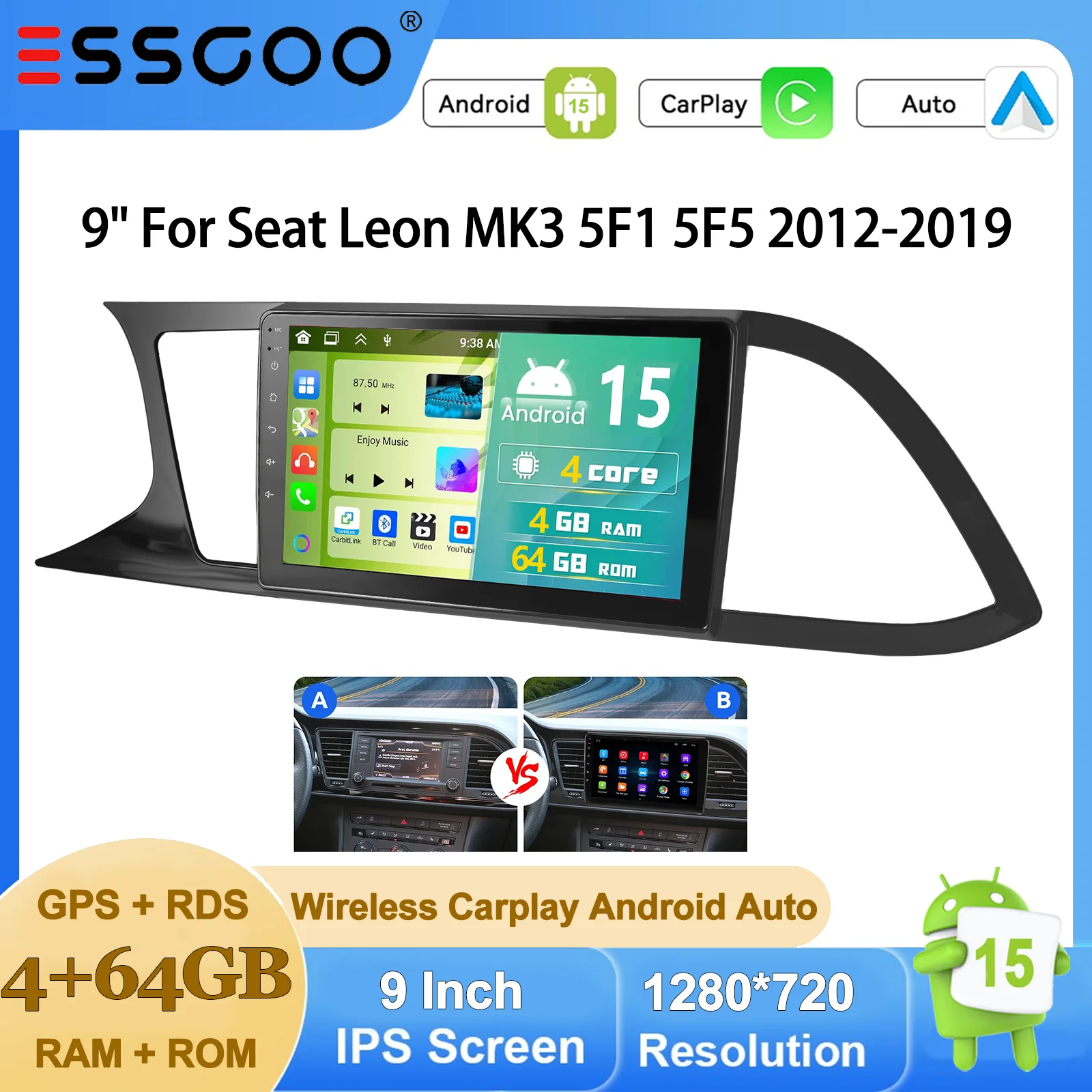 Autoradio ESSGOO Android 15 9 Zoll 4+64G/6+128G für Seat Leon 5F1/5F5 2012-2019 Drahtloses CarPlay Android Auto GPS Navigation FM Bluetooth RDS Lenkradsteuerung Mirror Link Touchscreen