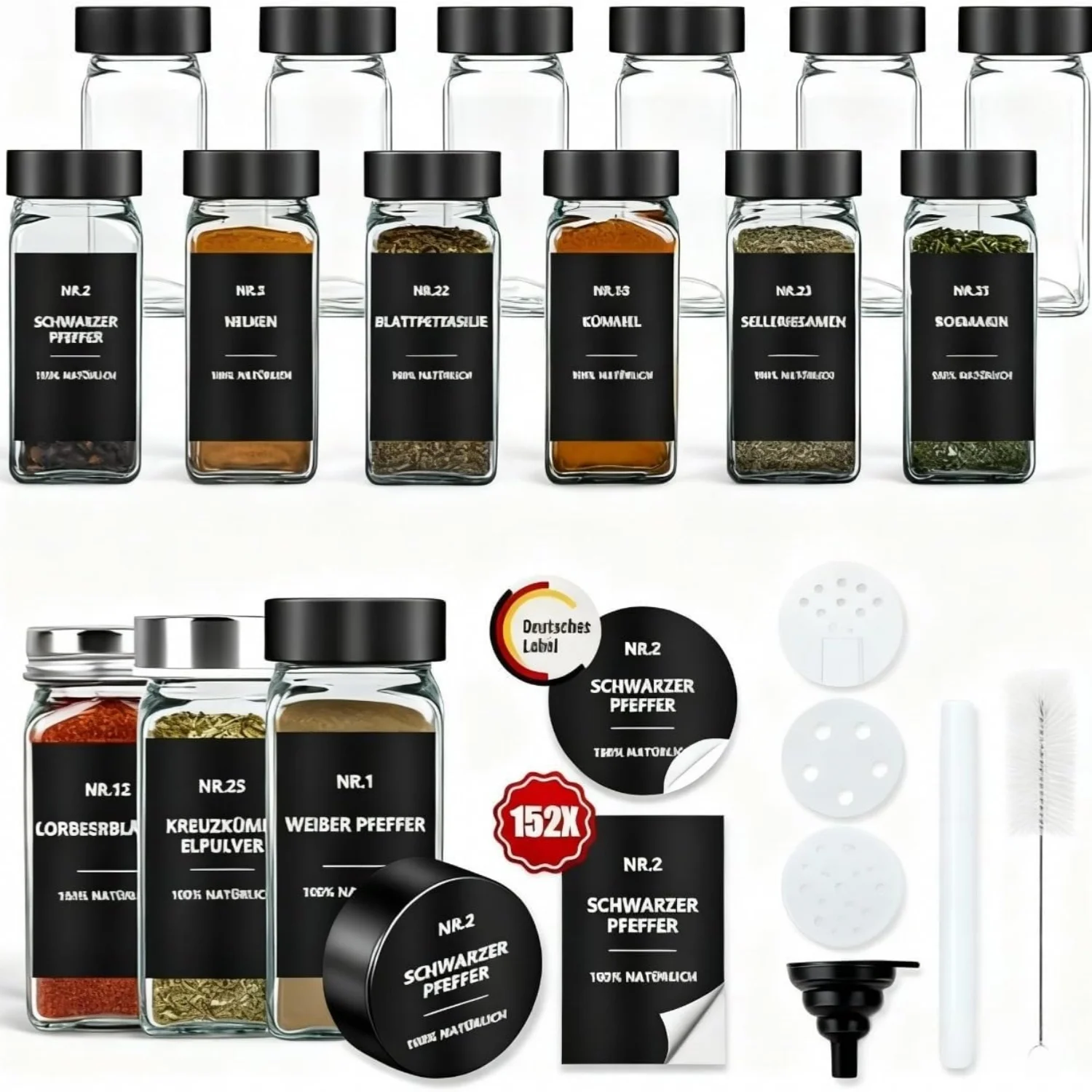 Kruidenopbergdozen met deksel, 12-delige set, glazen pot, vierkant, waterdichte letters 120 ml, mat deksel, duurzaam, zwart
